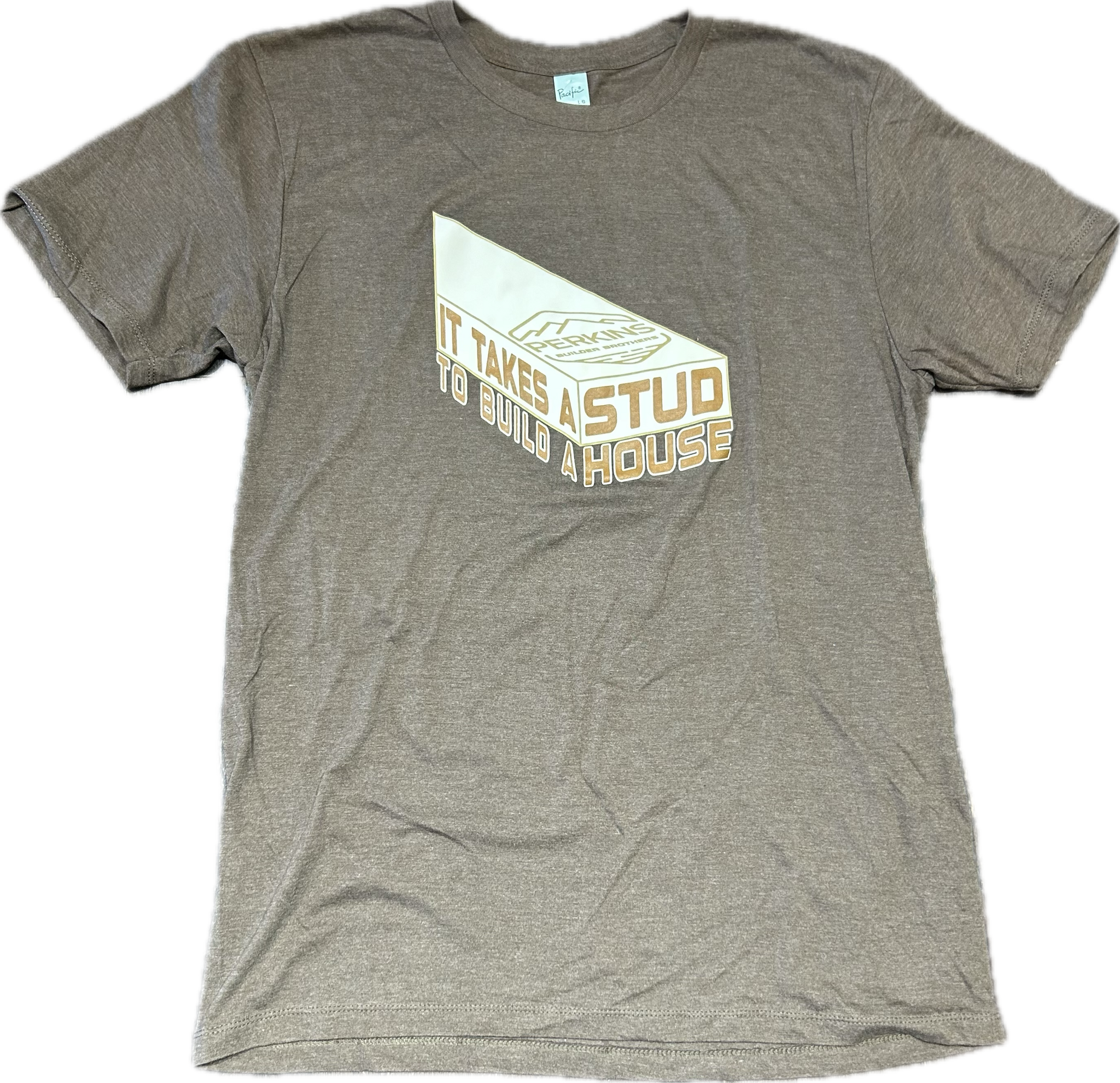 Mens T-Shirt - Brown Heather - "It Takes A Stud To Build A House" - Perkins Builder Brothers