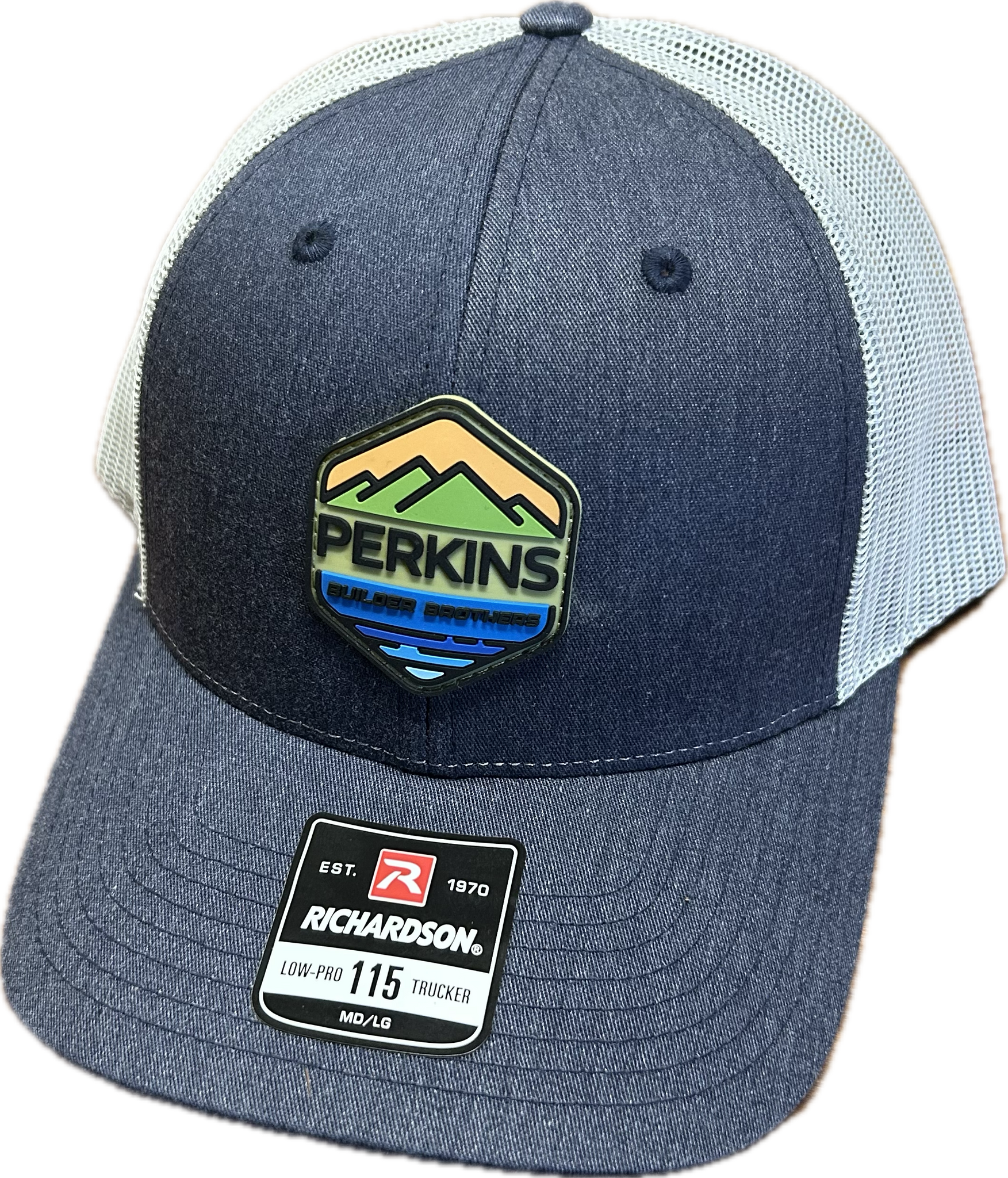 Full Color Rubber Patch - Richardson 115 Snapback Trucker Hat - Navy Heather/Light Grey MD/LG - Perkins Builder Brothers