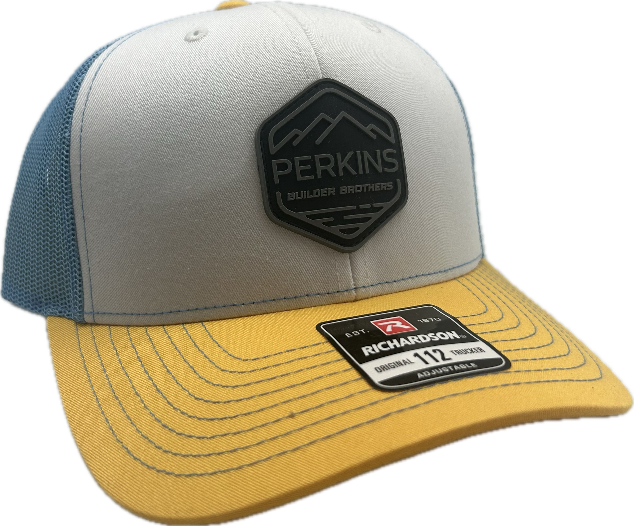 Black & Gray Rubber Patch - Richardson 112 Snapback Trucker Hat - Tri White/Columbia Blue/Yellow - Perkins Builder Brothers