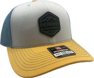 Black & Gray Rubber Patch - Richardson 112 Snapback Trucker Hat - Tri White/Columbia Blue/Yellow - Perkins Builder Brothers