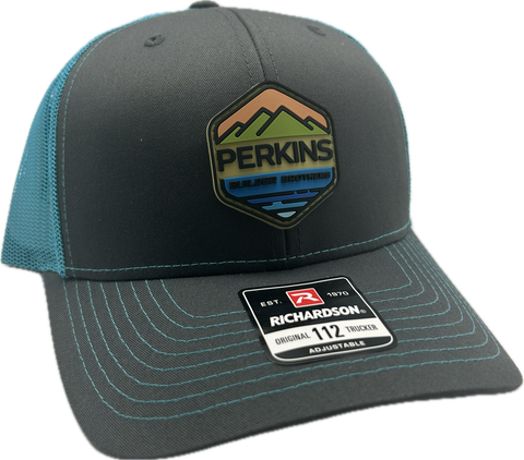 Full Color Rubber Patch - Richardson 112 Snapback Trucker Hat - Charcoal/Neon Blue - Perkins Builder Brothers