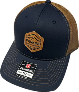 Genuine Leather Patch - Richardson 112 Snapback Trucker Hat - Navy/Caramel - Perkins Builder Brothers