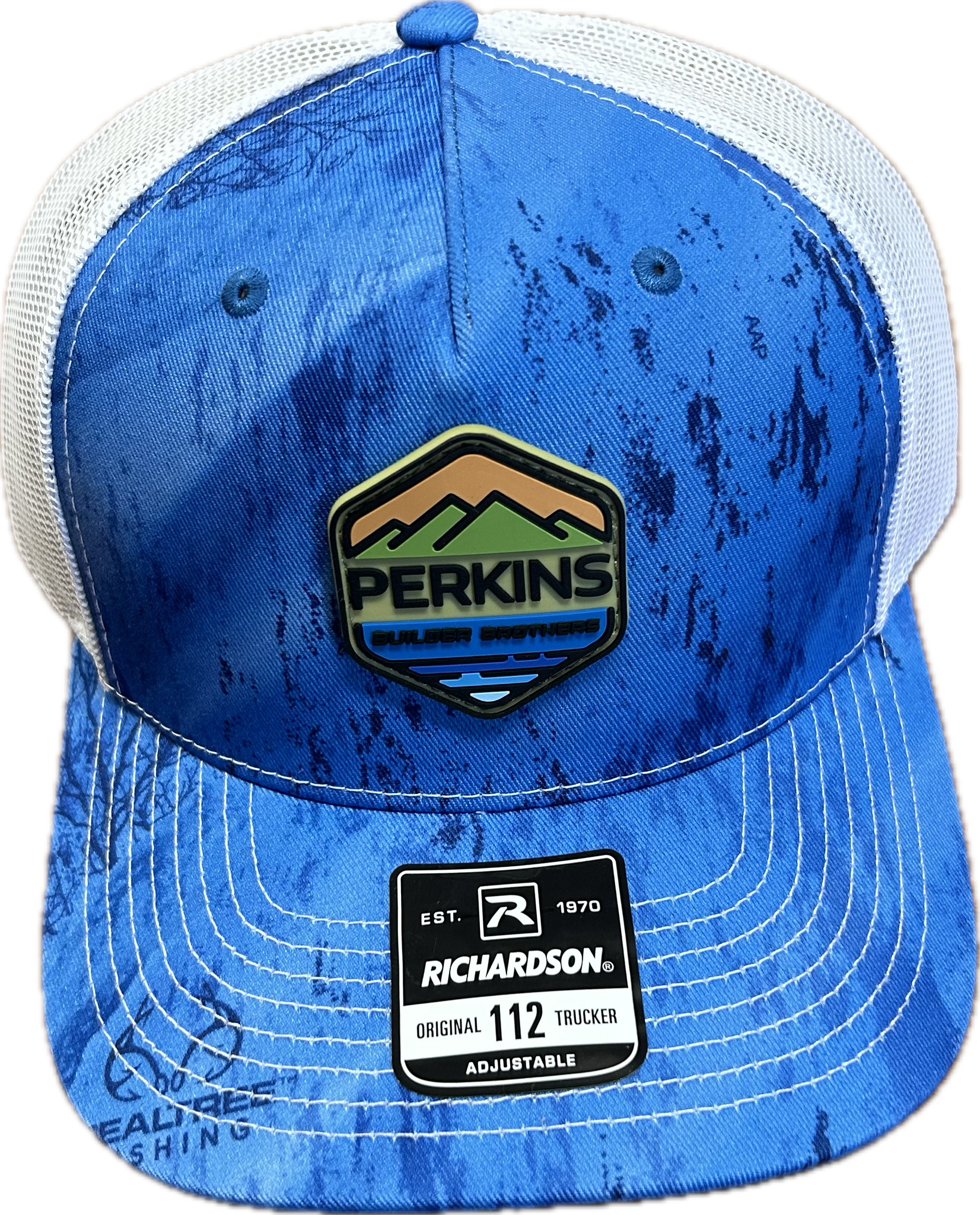 Full Color Rubber Patch - Richardson 112PFP Snapback Trucker Hat - Realtree Fishing Lt. Blue/White - Perkins Builder Brothers